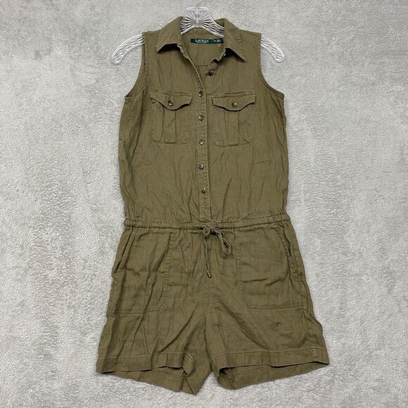 Lauren Ralph Lauren Romper Womens 2 Petite Green Utility Shorts Button Collar - Picture 1 of 9
